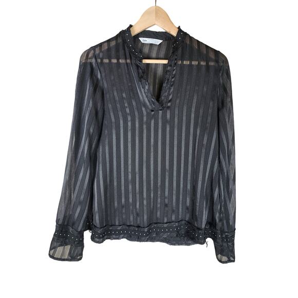ZARA Women's Black Sheer Embellished Striped Night Out Oversized Fit SZ XS - Picture 1 of 9
